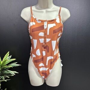 Upwest High Cut,Henley snap front,padded geometric pattern one piece swim,summer